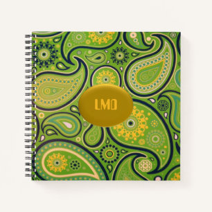 Retro Green und Gelb Paisley Monogram Notizblock