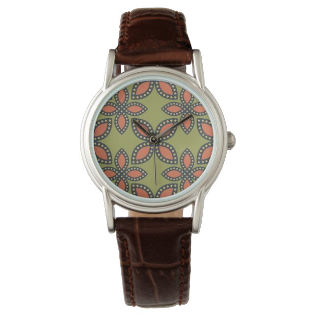 Retro Green und Orange Abstrakt Floral Muster Armbanduhr (Vorderseite)