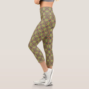 Retro Green und Orange Abstrakt Floral Muster Capri Leggings