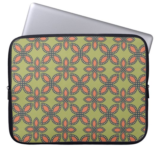 Retro Green und Orange Abstrakt Floral Muster Laptopschutzhülle (Vorderseite)