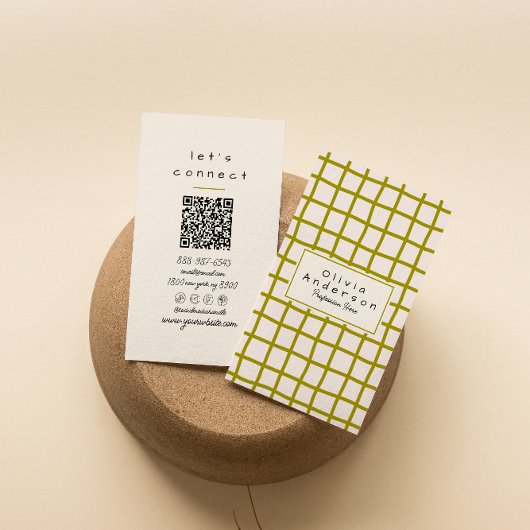 Retro Green Wavy Checkered Trendy Boho QR Code Visitenkarte
