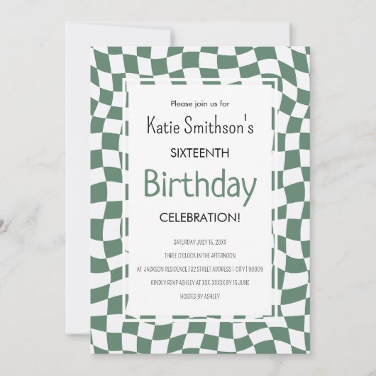 Retro Green Wavy Karo Geburtstag Einladung (Vorderseite)