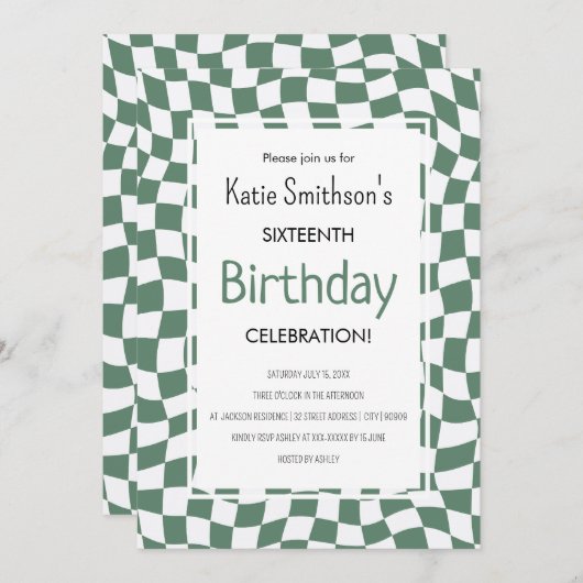 Retro Green Wavy Karo Geburtstag Einladung (Vorne/Hinten)