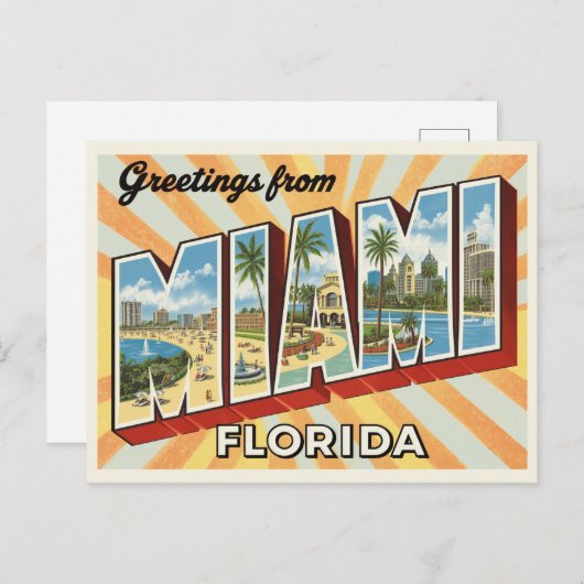 Retro "Greetings from Miami, Florida" Sunburst Postkarte (Vorne/Hinten)