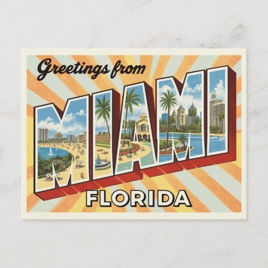 Retro "Greetings from Miami, Florida" Sunburst Postkarte (Vorderseite)