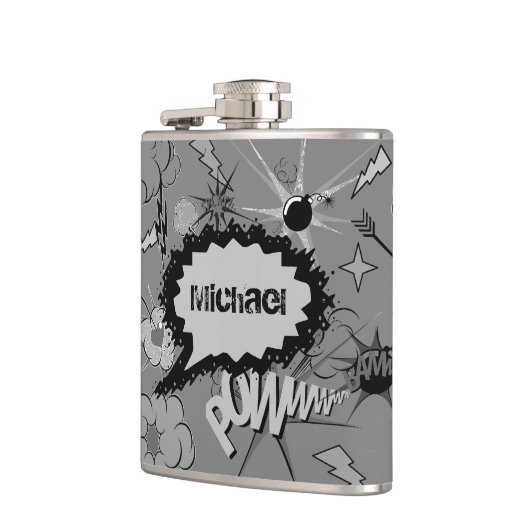 Retro Grey Custom Comic Book Pattern Personalised Flachmann (Links)