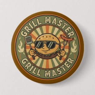 Retro Grill Master Burger Charakter BBQ King Vinta Button