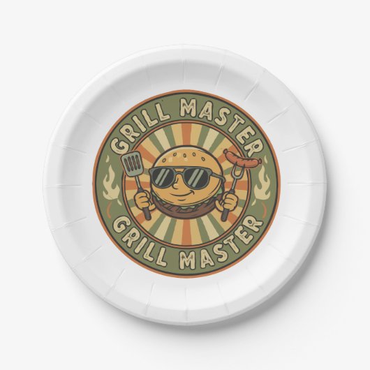 Retro Grill Master Burger Charakter BBQ King Vinta Pappteller (Vorderseite)