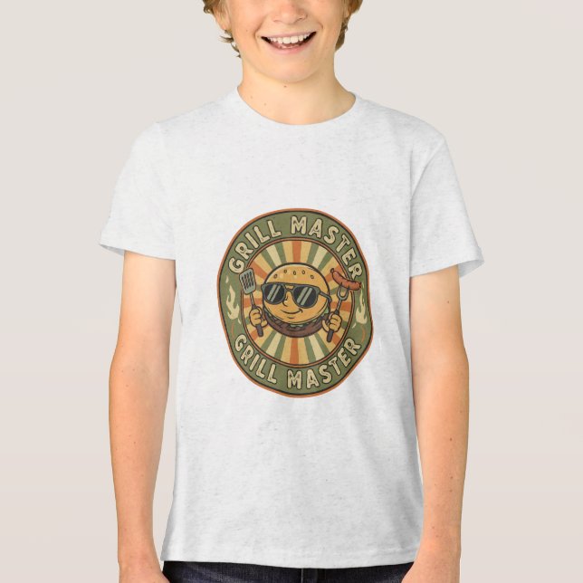 Retro Grill Master Burger Charakter BBQ King Vinta Tri-Blend Shirt (Vorderseite)