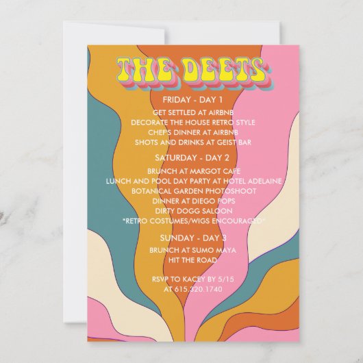 Retro Groovy 1960s Bachelorette Wochenendreise Einladung (Rückseite)
