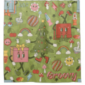 retro groovy 1970 disco christmas tree green check duschvorhang (Vorderseite)