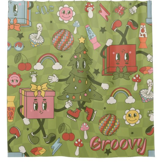 retro groovy 1970 disco christmas tree green check duschvorhang (Vorderseite)