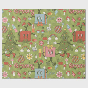 retro groovy 1970 Disco-Weihnachtsbaum grün Häkche Geschenkpapier