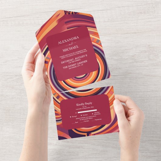 Retro Groovy 70er abstrakte Musterhochzeit All In One Einladung (Abreißen)