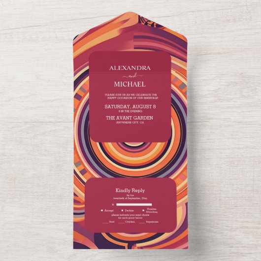 Retro Groovy 70er abstrakte Musterhochzeit All In One Einladung (Innen Boden)