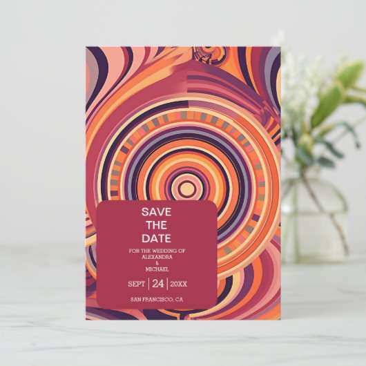 Retro Groovy 70er abstrakte Musterhochzeit Save The Date (Stehend Vorderseite)
