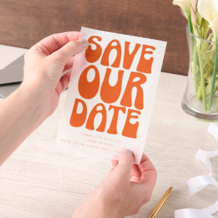 Retro Groovy 70er Bright Orange Wedding Rett Date Pergament Einladungen