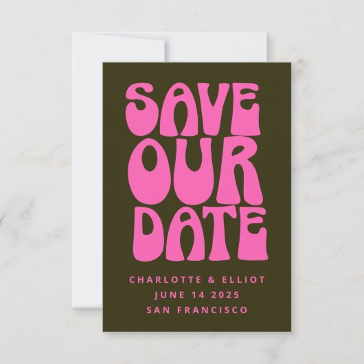 Retro Groovy 70er Hot Pink und Dunkelgrün Rettete  Save The Date (Vorderseite)