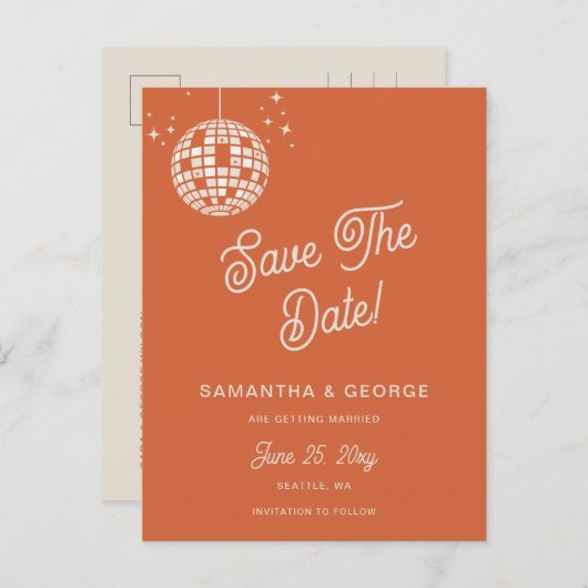 Retro Groovy 70er Ivory Disco Orange Save the Date Ankündigungspostkarte (Vorne/Hinten)
