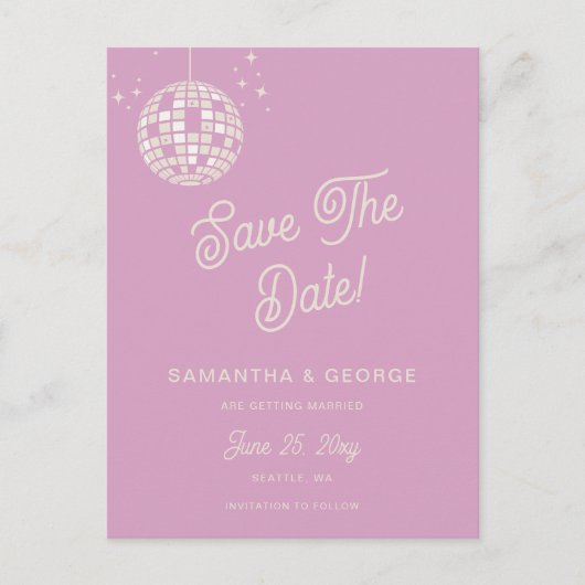 Retro Groovy 70er Ivory Disco Save the Date rosa Ankündigungspostkarte (Vorderseite)