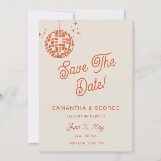 Retro Groovy 70er Ivory Orange Disco Foto Save The Date (Vorderseite)
