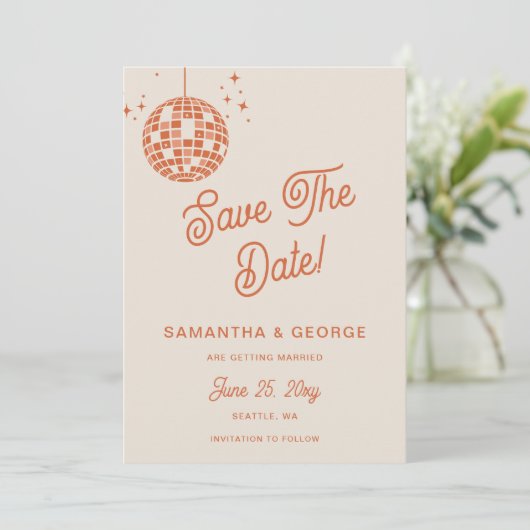 Retro Groovy 70er Ivory Orange Disco Foto Save The Date (Stehend Vorderseite)
