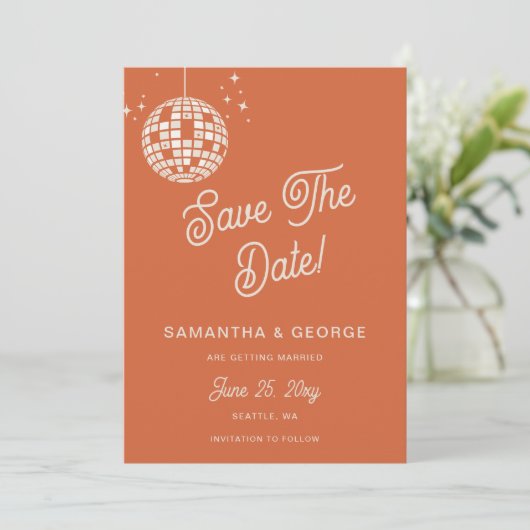 Retro Groovy 70er Ivory Orange Disco Foto Save The Date (Stehend Vorderseite)