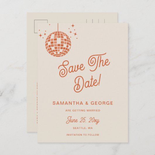 Retro Groovy 70er Ivory Orange Disco Save the Date Ankündigungspostkarte (Vorne/Hinten)