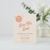 Retro Groovy 70er Ivory Orange Disco Save the Date Ankündigungspostkarte (Stehend Vorderseite)