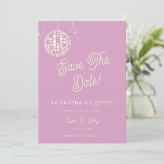 Retro Groovy 70er Ivory Pink Disco Foto Save The Date (Stehend Vorderseite)