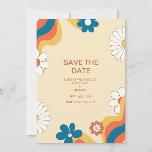 Retro Groovy 70er Jahre Themed Mutes Tones Wedding Save The Date (Vorderseite)