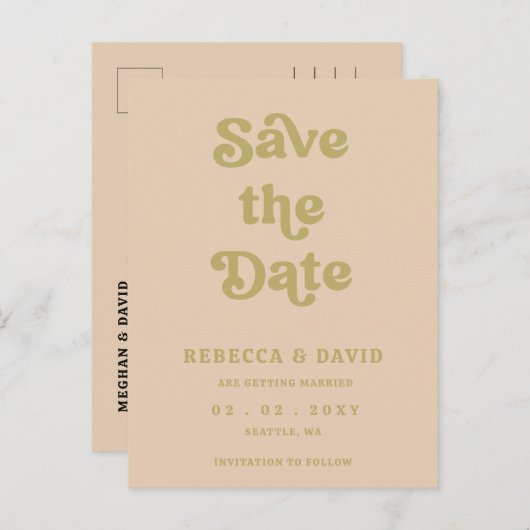 Retro Groovy 70er Niedlich Green Save the Date Ankündigungspostkarte (Vorne/Hinten)
