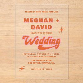 Retro Groovy 70er Niedlich Ivory Orange Pink Weddi Acryleinladungen