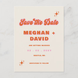 Retro Groovy 70er Niedlich Ivory Orange Pink Weddi Ankündigungspostkarte