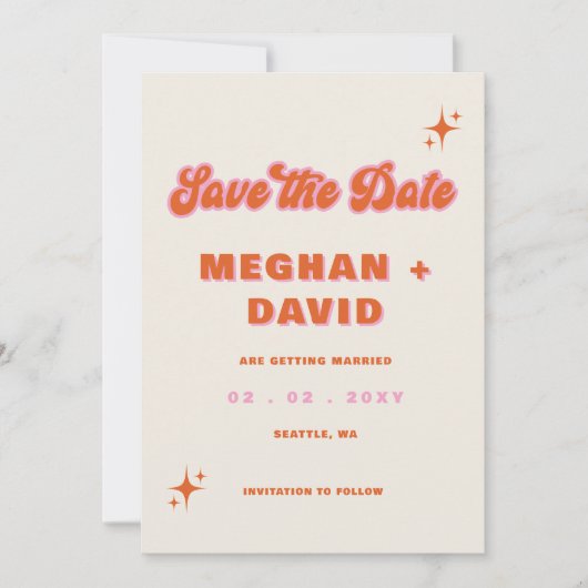 Retro Groovy 70er Niedlich Ivory Orange Pink Weddi Save The Date (Vorderseite)