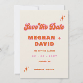 Retro Groovy 70er Niedlich Ivory Orange Pink Weddi Save The Date