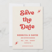 Retro Groovy 70er Niedlich Ivory Red Foto Wedding Save The Date (Vorderseite)