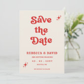 Retro Groovy 70er Niedlich Ivory Red Foto Wedding Save The Date (Stehend Vorderseite)