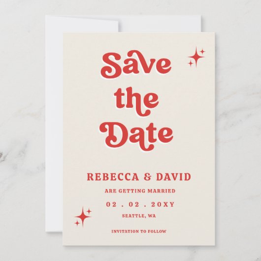 Retro Groovy 70er Niedlich Ivory Red Pink Wedding Save The Date (Vorderseite)