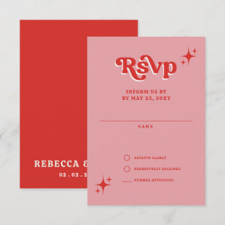 Retro Groovy 70er Niedlich Rosa und Rote Hochzeit RSVP Karte