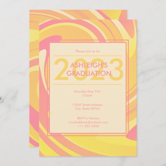 Retro Groovy 70er Pink + Gelb Abstrakte Wirbel Einladung (Vorne/Hinten)