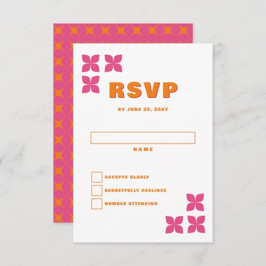 Retro Groovy 70er Pink Orange Wedding RSVP Karte (Vorne/Hinten)