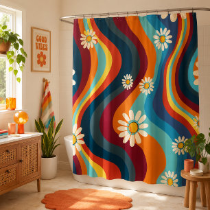 Retro Groovy 70er Regenbogen Gänseblümchen Duschvorhang