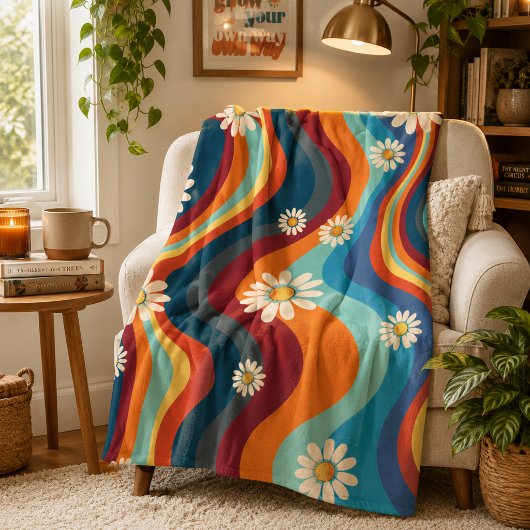 Retro Groovy 70er Regenbogen Gänseblümchen Fleecedecke