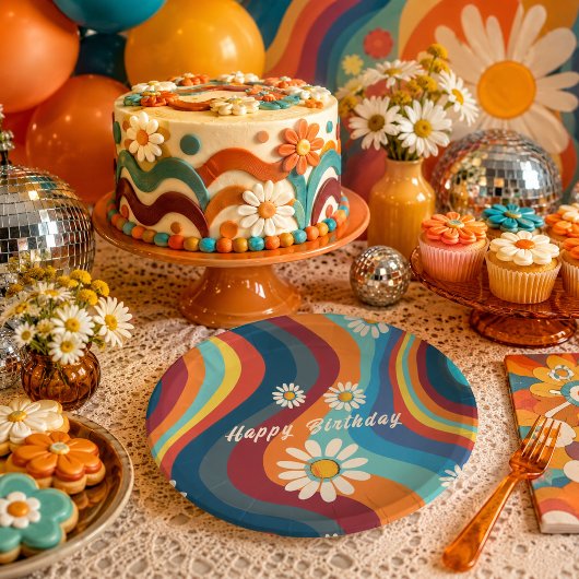 Retro Groovy 70er Regenbogen-Gänseblümchen-Geburts Pappteller