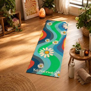Retro Groovy 70er Regenbogen Gänseblümchen Name Sp Yogamatte