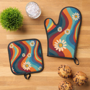 Retro Groovy 70er Regenbogen Gänseblümchen Ofenhandschuh & Topflappen-Set