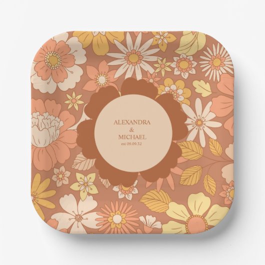 Retro Groovy 70er Themed Mutes Hochzeit Pappteller (Vorderseite)