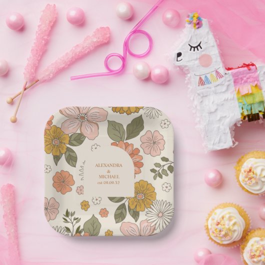 Retro Groovy 70er Themed Mutes Hochzeit Pappteller (Party)