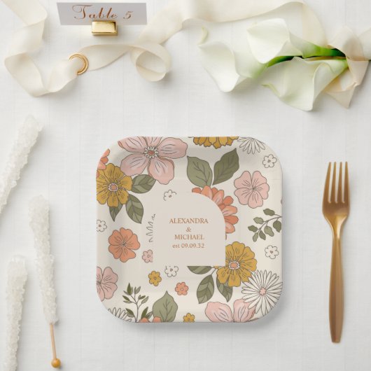 Retro Groovy 70er Themed Mutes Hochzeit Pappteller (Hochzeit)